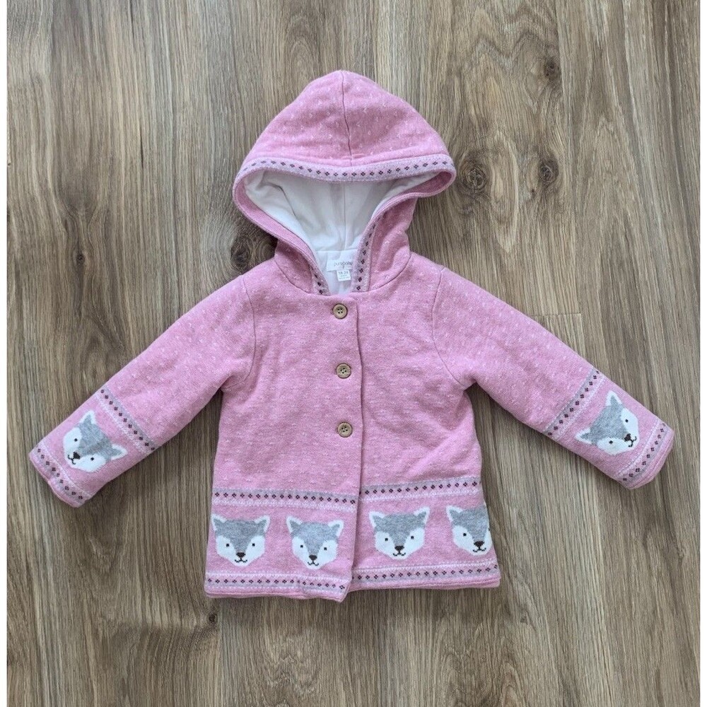 Purebaby Girls Pink Wolf Hooded Knit Jacket Coat Organic Cotton Wool 18-24 Month